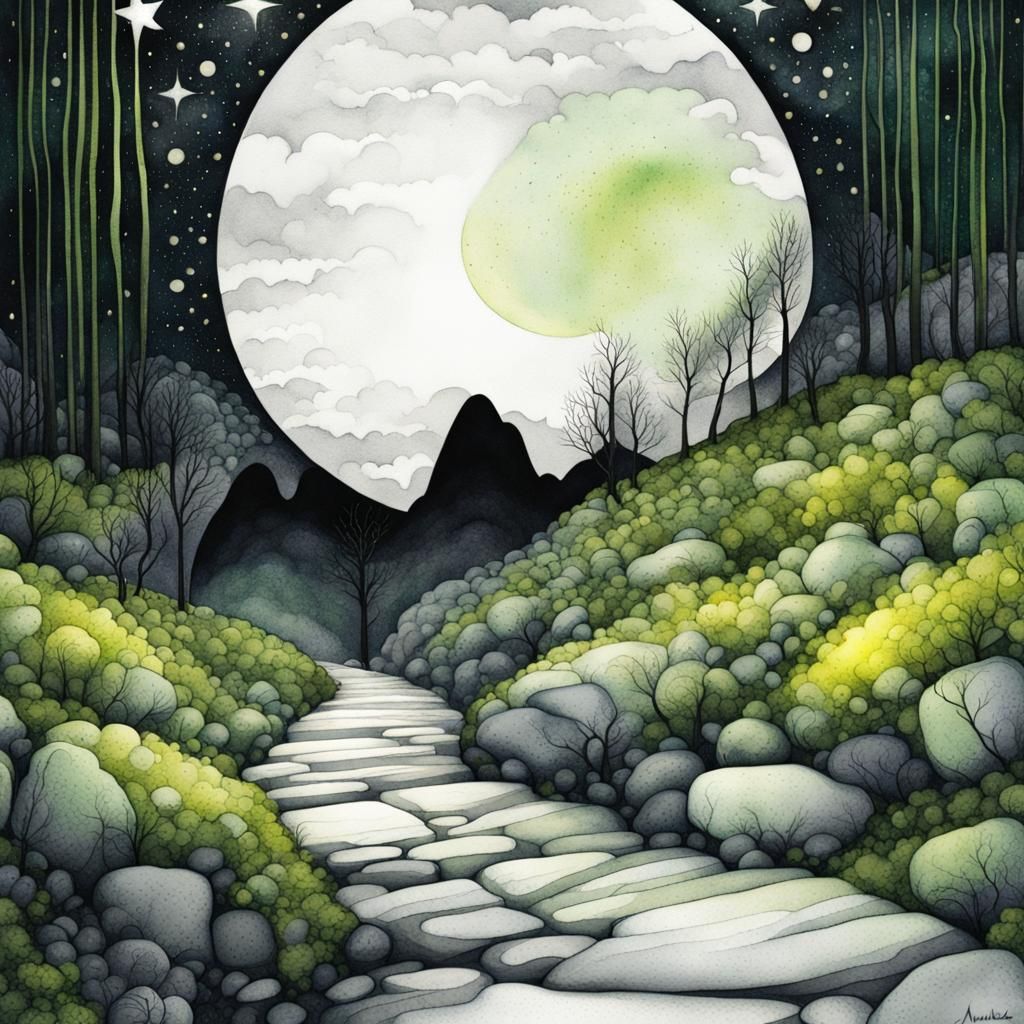 Watercolor Rocky Path Under Twinkling Stars