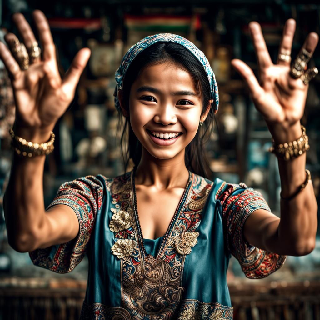 Indonesian Girl Promoting Object with Hand Gesture