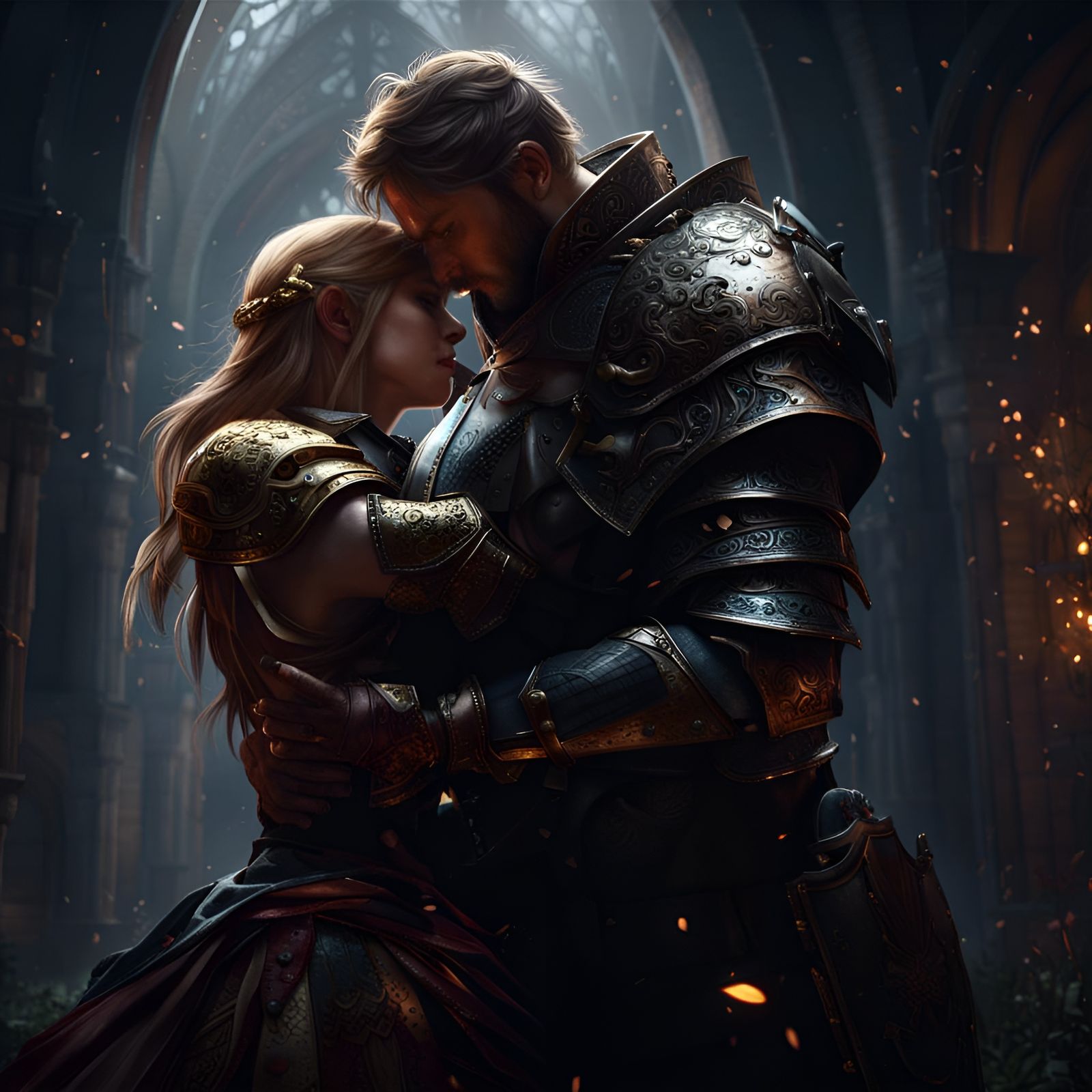 Knight embracing a princess.