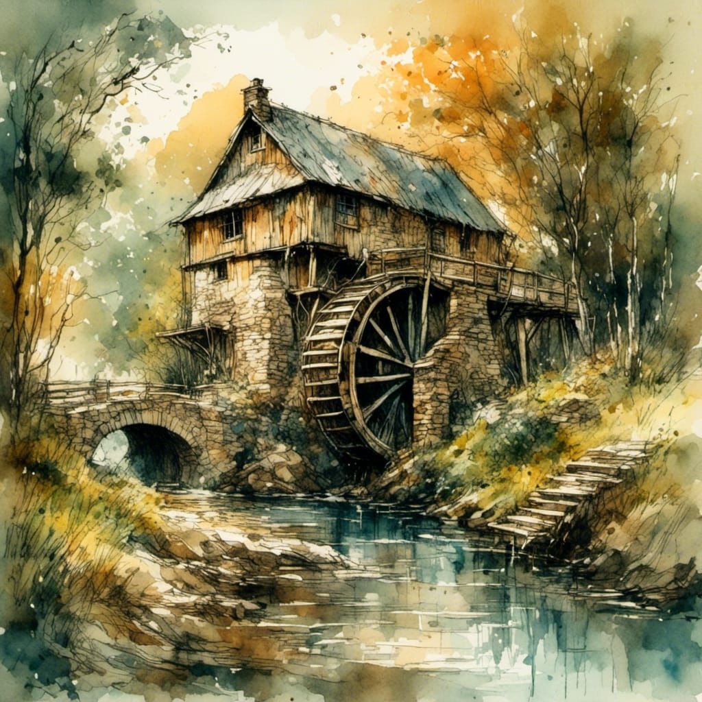 Historic Watermill in Impressionist Style