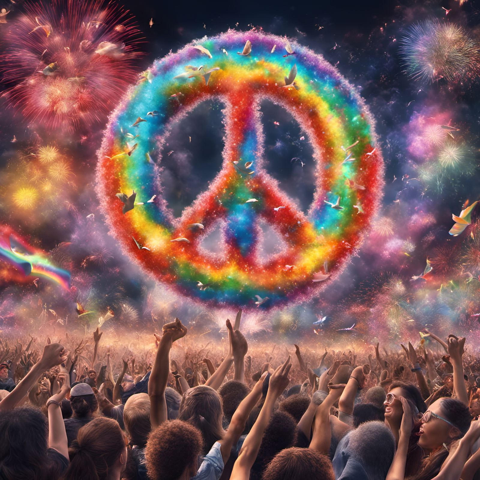 Hyperrealistic World Peace Celebration with Doves and Rainbo...