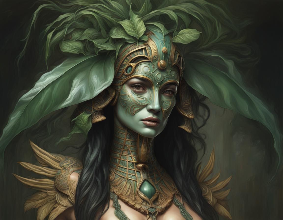 Ornate Egyptian Mask Overgrown with Plants