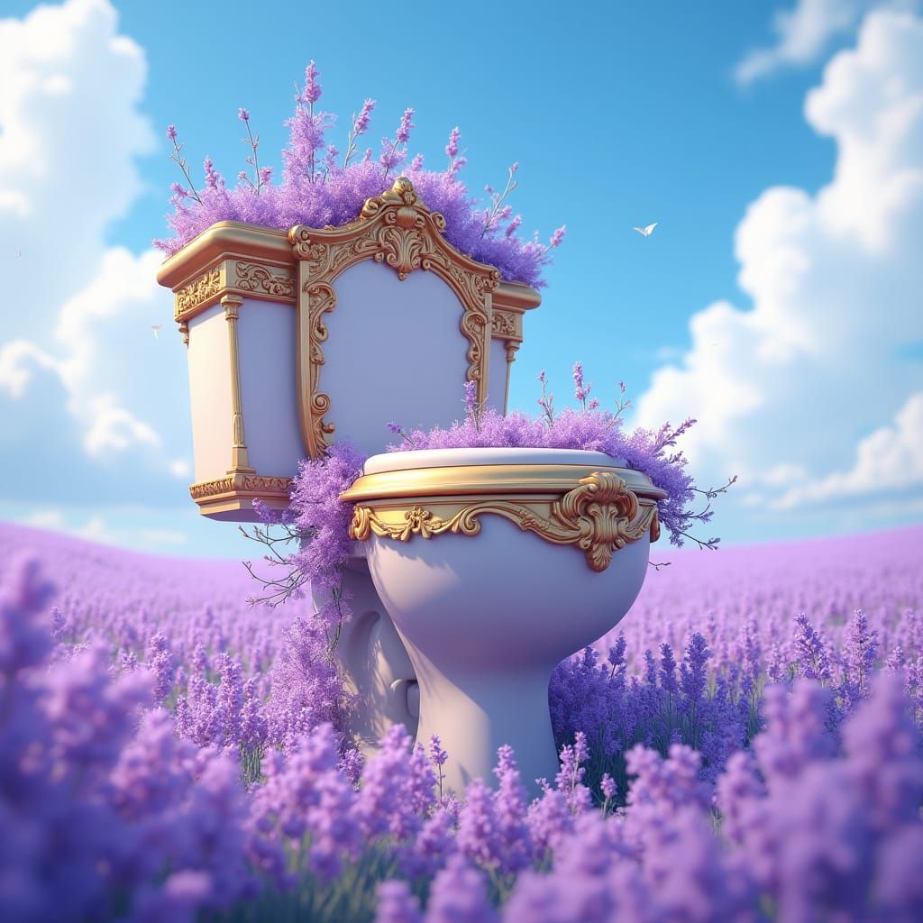 Whimsical Lavender Toilet Emerges from a Vibrant Field
