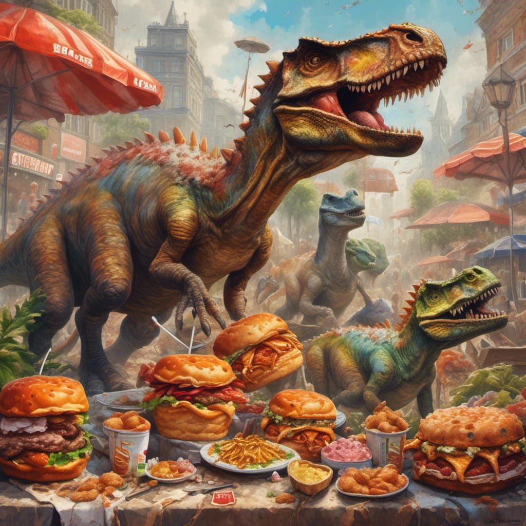 Dinosaurs Enjoying Fast Food in Gouache Style