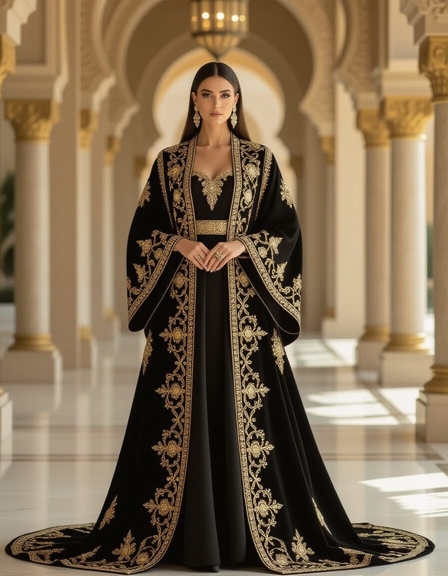 Regal Woman in Luxurious Modern Abaya: High Fashion Aestheti...
