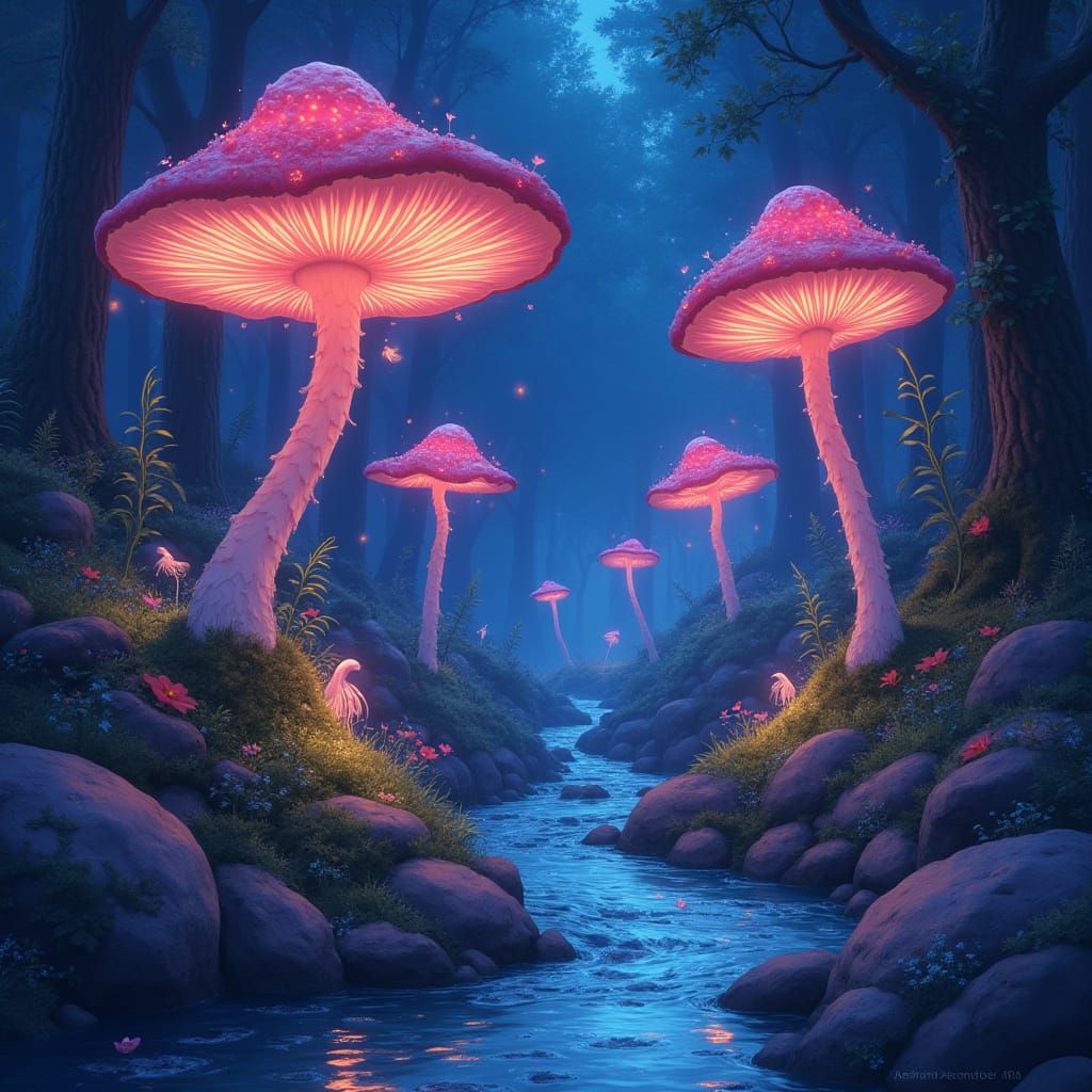 Bioluminescent Mushroom Forest with Ethereal Sprites