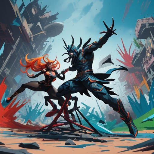 Stylized Figures Clash in Vibrant Abstract Playground Concep...