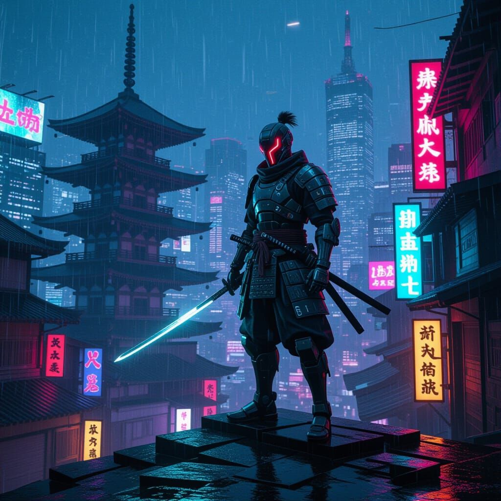 Cyborg Samurai in Cyberpunk City with Katana