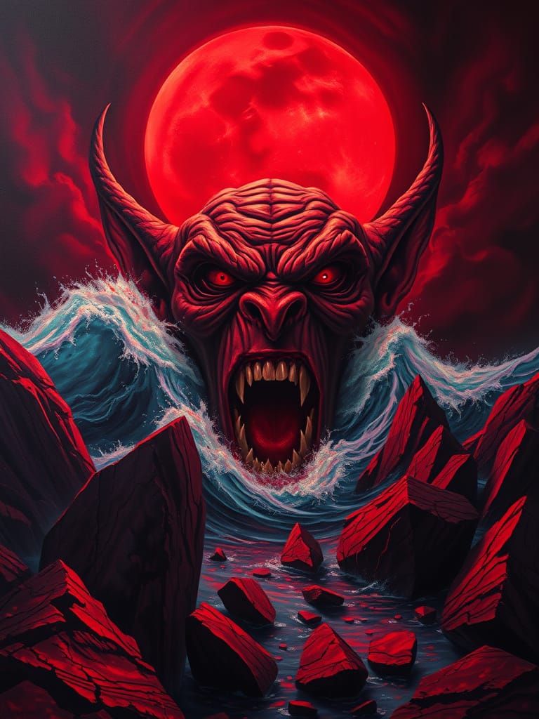 Oil on canvas. Medium shot. A tormented troll face screams i...