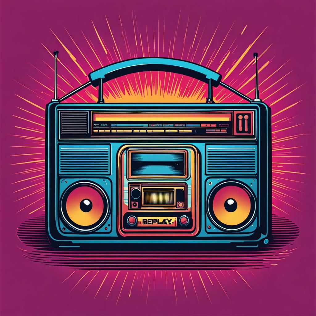 Retro Music App Logo with Boombox in Comic Art