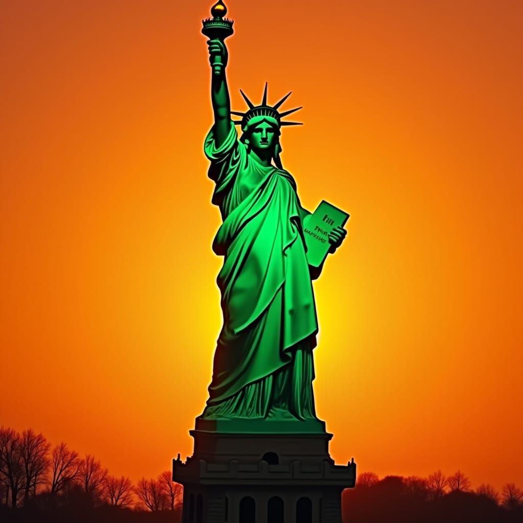 Fluorescent Green Statue of Liberty Against Orange Sky