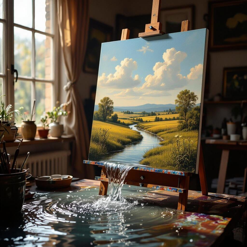 Surreal Art Studio with Water Flowing from Landscape Paintin...