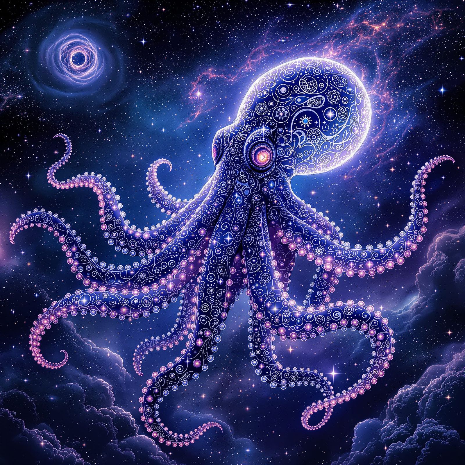 Bioluminescent Octopus Drifts Through Cosmic Nebula
