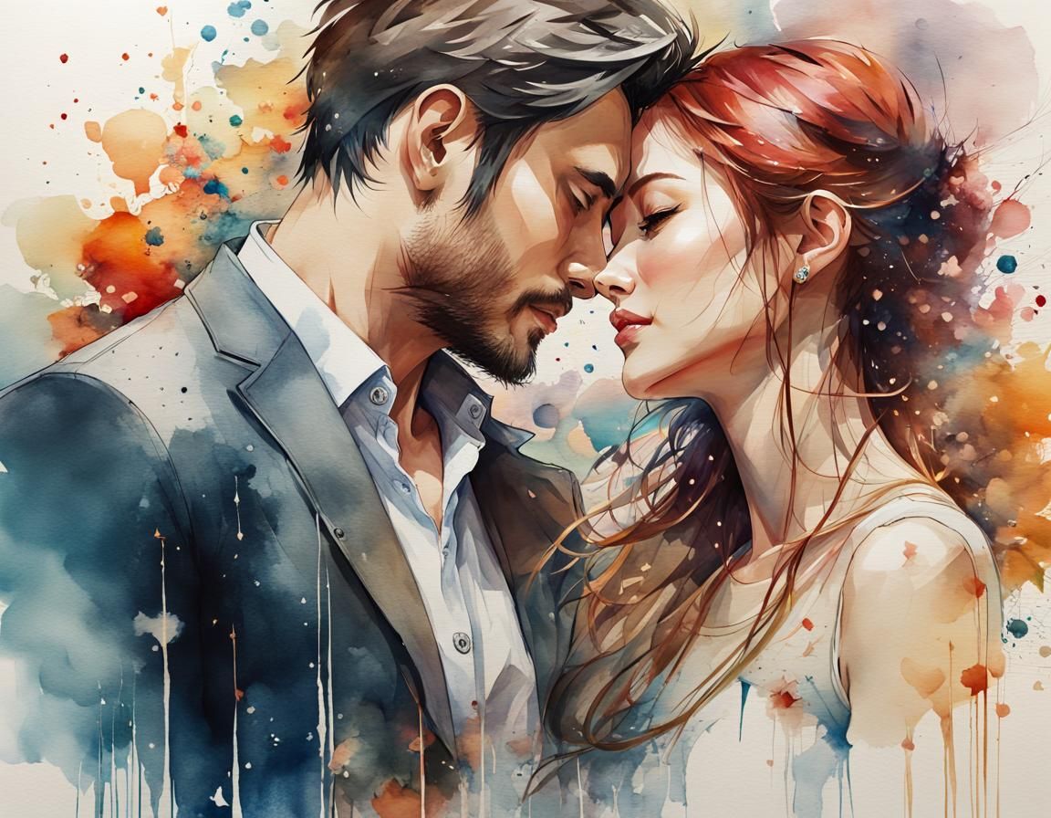 Romantic Watercolor Manga Portrait of Loving Couple