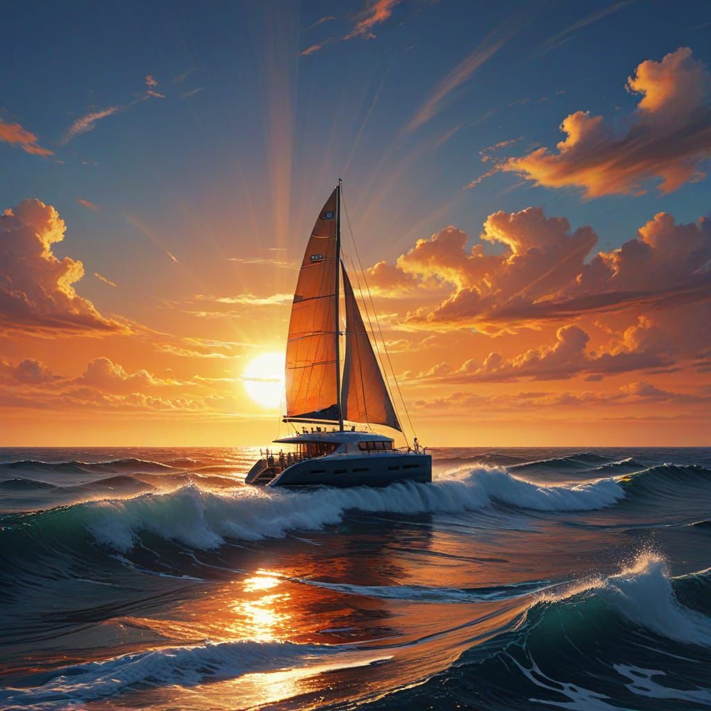 Catamaran Cruises into Pacific Sunset: Fantasy Art