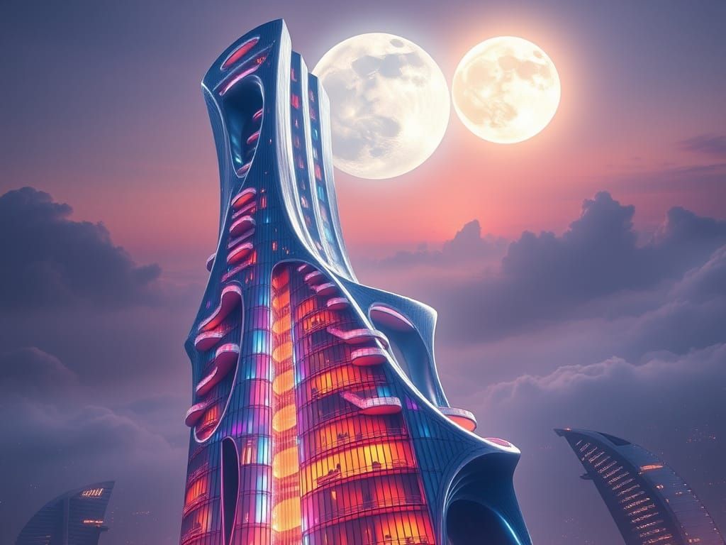 E-Shaped Skyscraper Ascends in Dreamlike Expanse