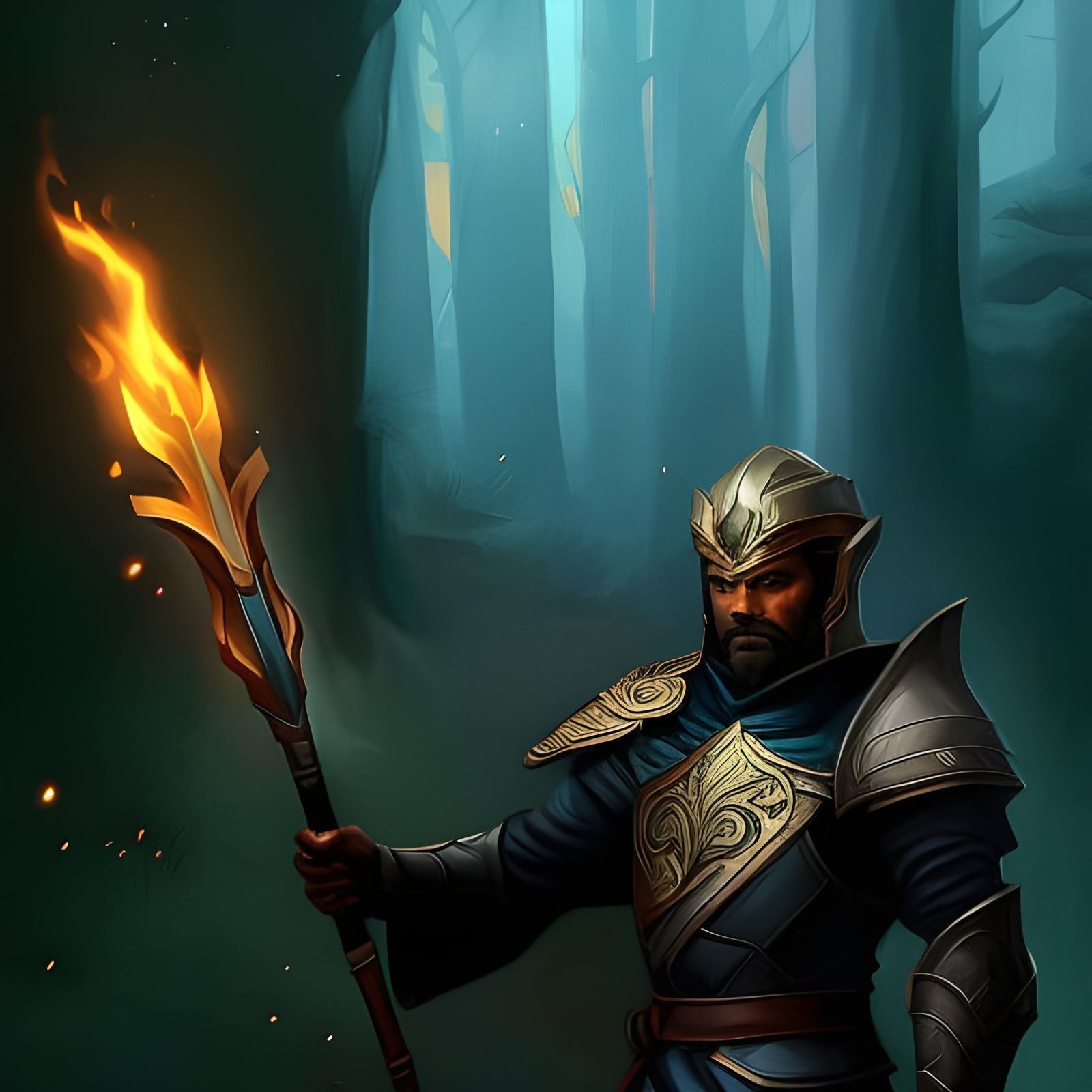 Halfling Warrior with Flaming Sword in Desert Oasis