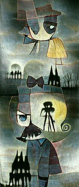 Chibi Character in Dark Film Noir Cityscape