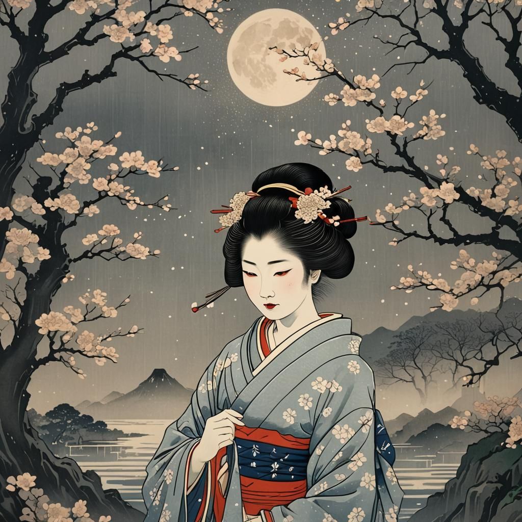 Geisha in Moonlit Garden: Ukiyo-e Style Woodblock Print