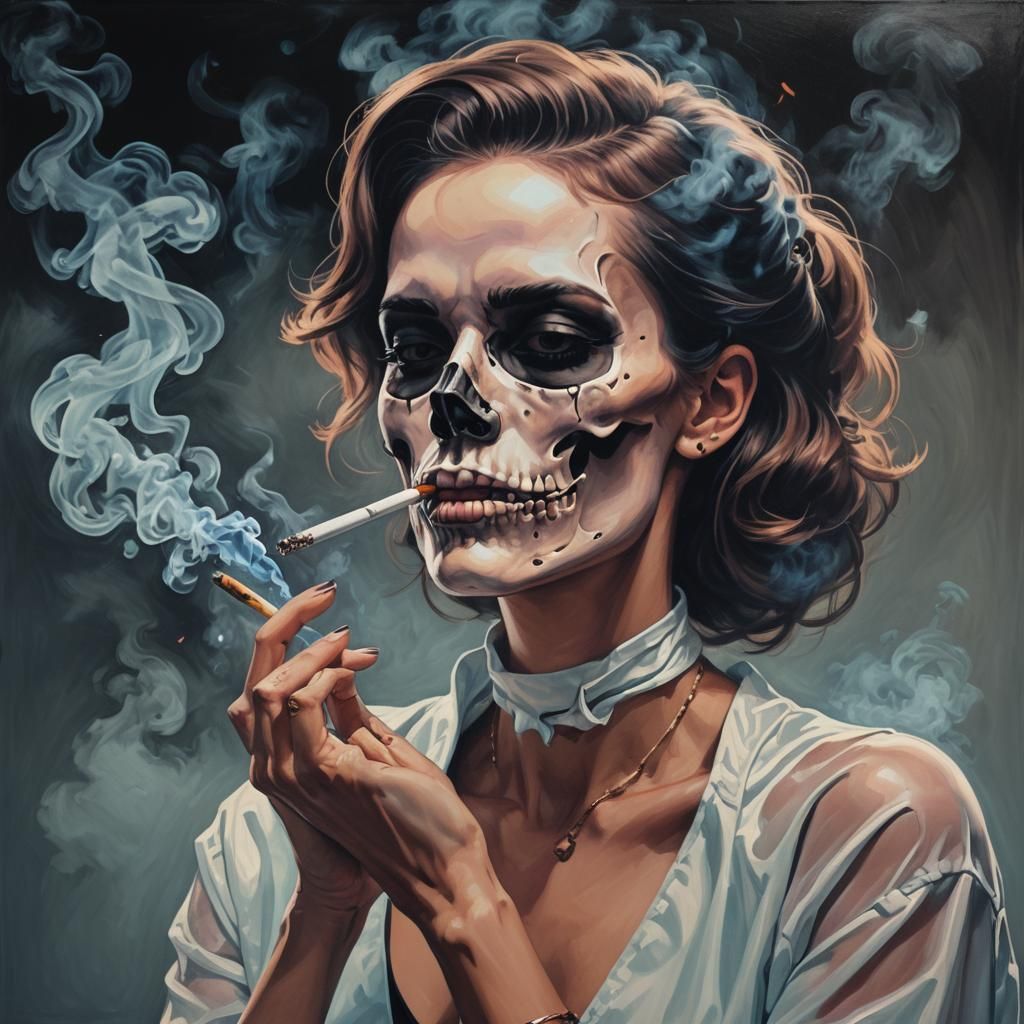 Woman Smoking: Skull Smoke Art in Synthwave Style