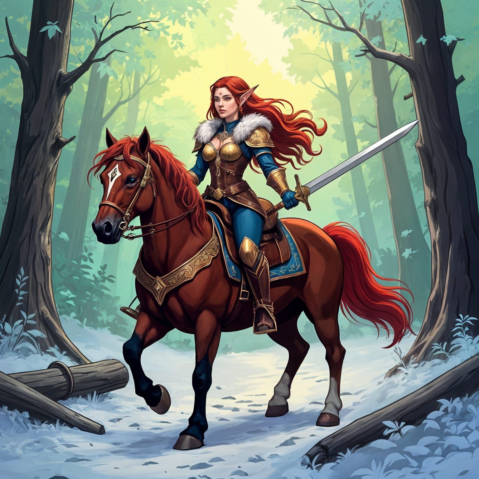 Elf Captain Patrols Snowy Woods in Vibrant Comic Style