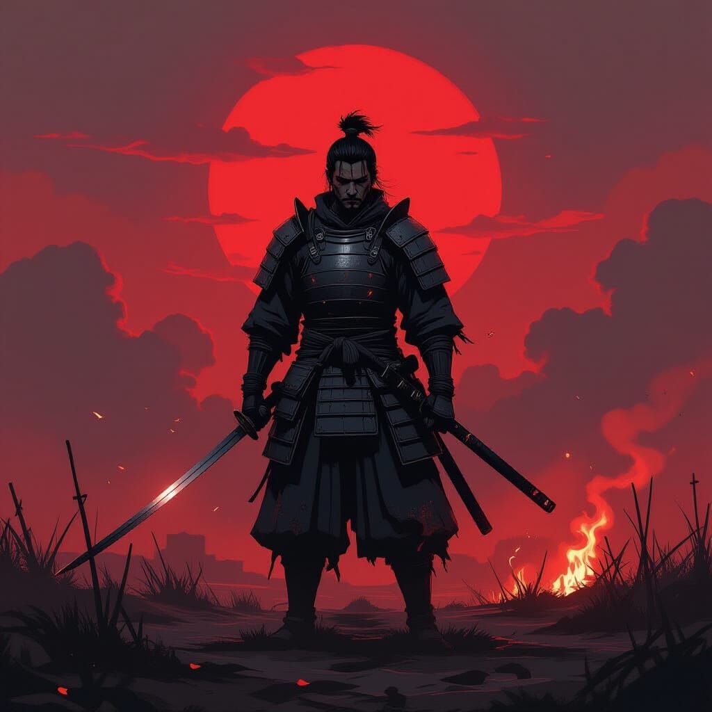 Lone Ronin Survivor in Desolate War-Torn Landscape