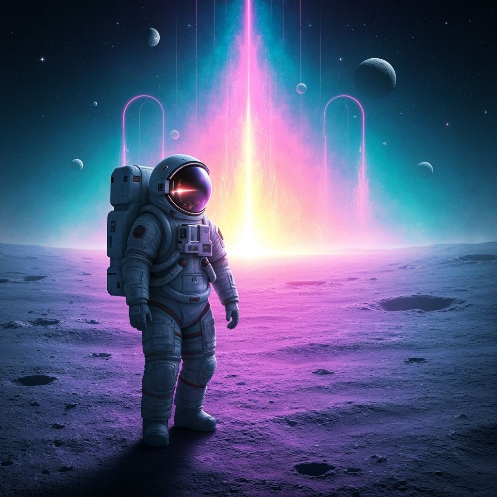 Astronaut Walks on Moon Towards Oasis in Futuristic Style