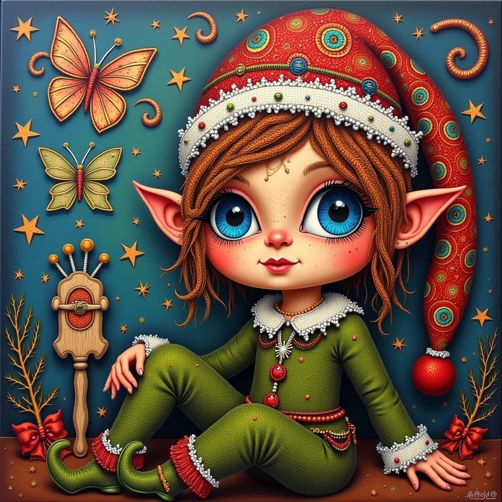 Whimsical Christmas Elf Portrait in Folk-Art Style