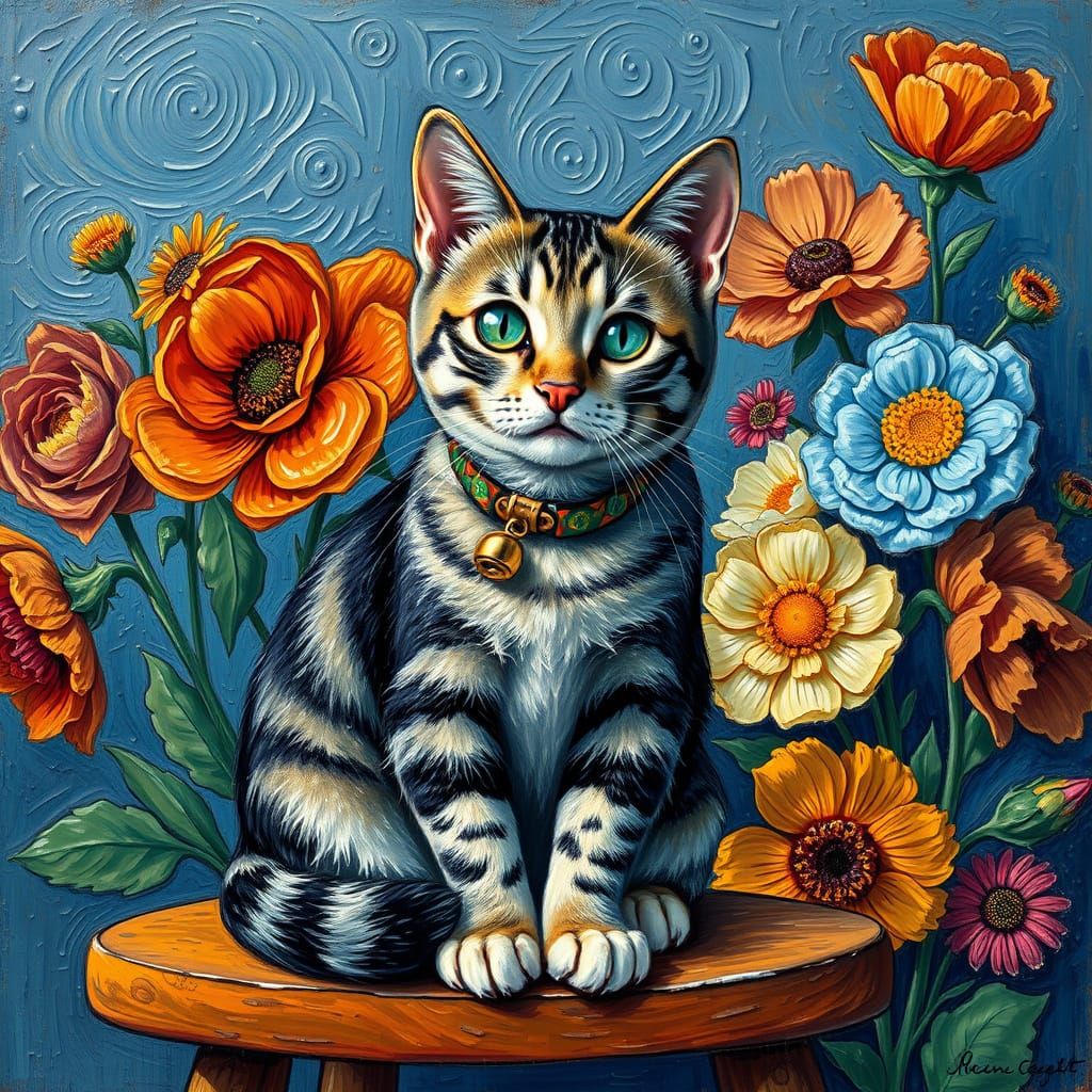 Curious Cat in Van Gogh's Impasto Style