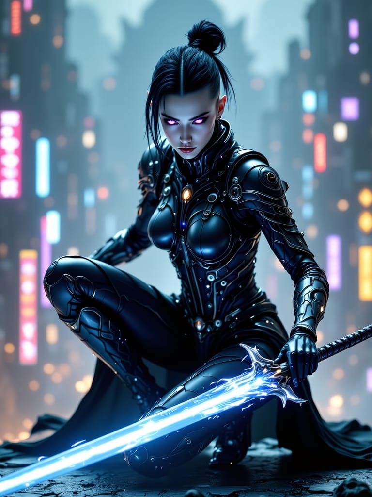 Oriental Warrior in Futuristic City Armor