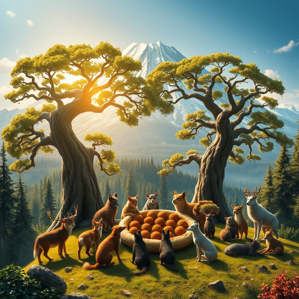 Anthropomorphic Forest Animals Share Falafel Feast