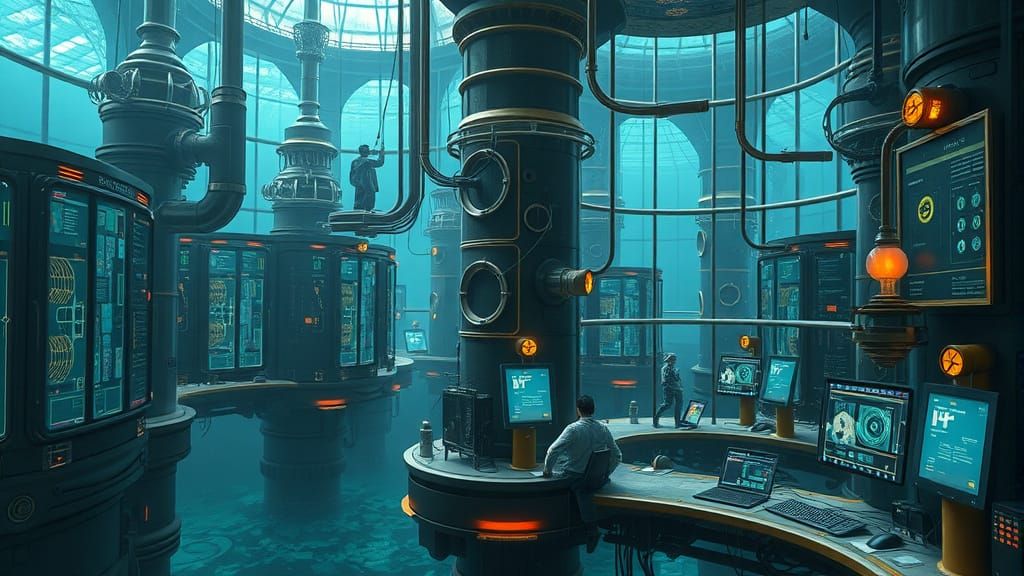 Utopian Undersea AI Computer City in Steampunk Style