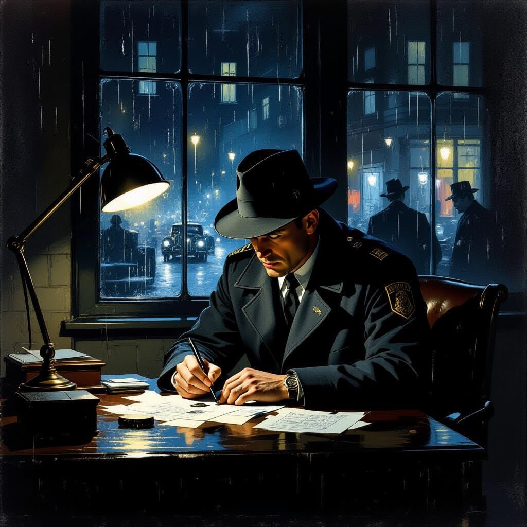 Detective Works Late in Gritty Police Precinct Oil Painting