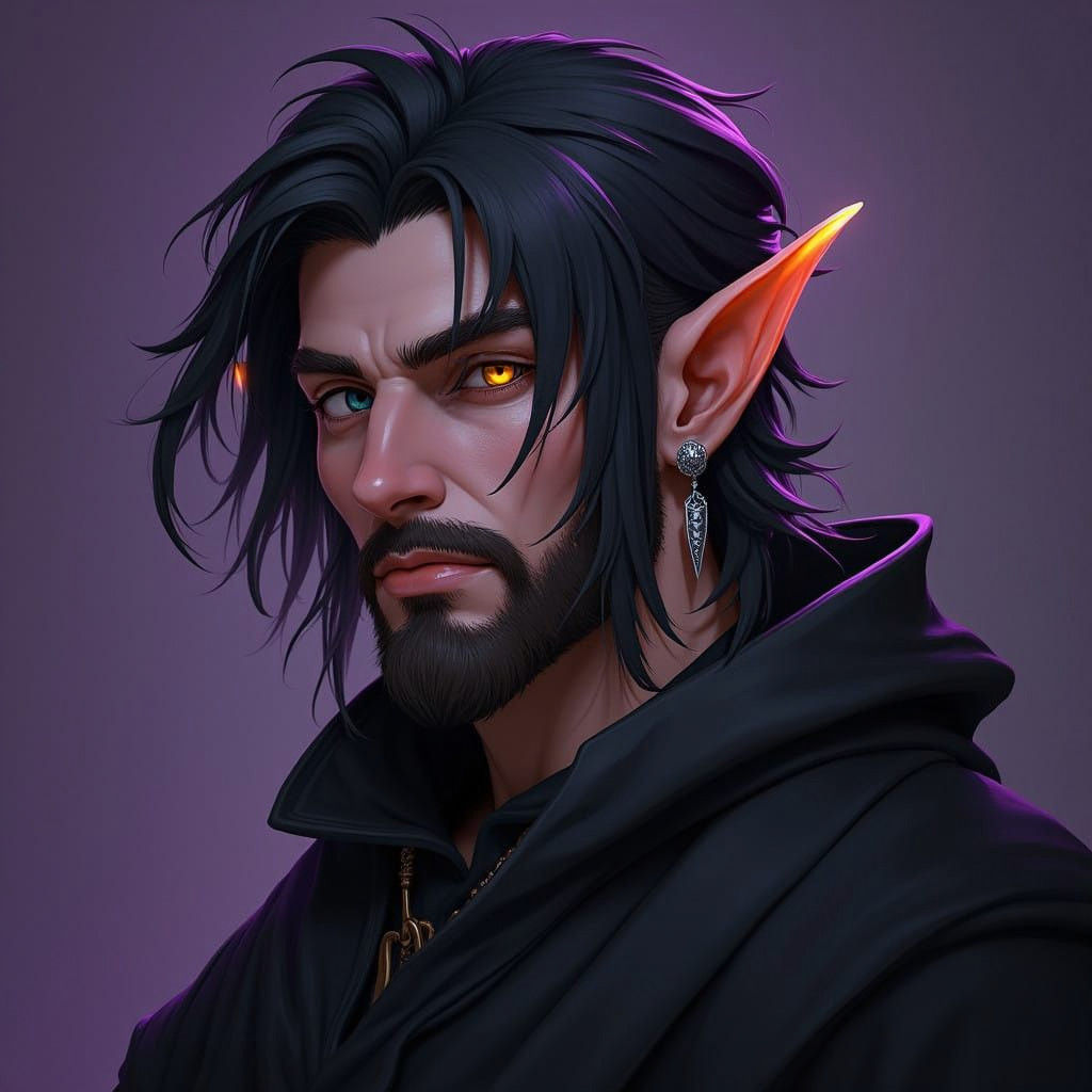 Ethereal Eladrin Male with Intricate Silver and Obsidian Ear...