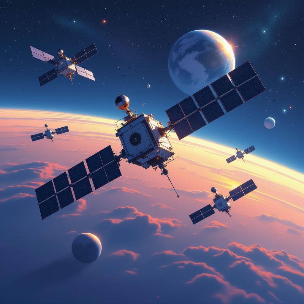 Futuristic Geo-Stationary Satellite System Orbiting Earth