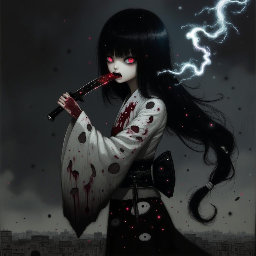 Dark Anime Girl with Vampire Fangs and Bloody Knife in Midni...