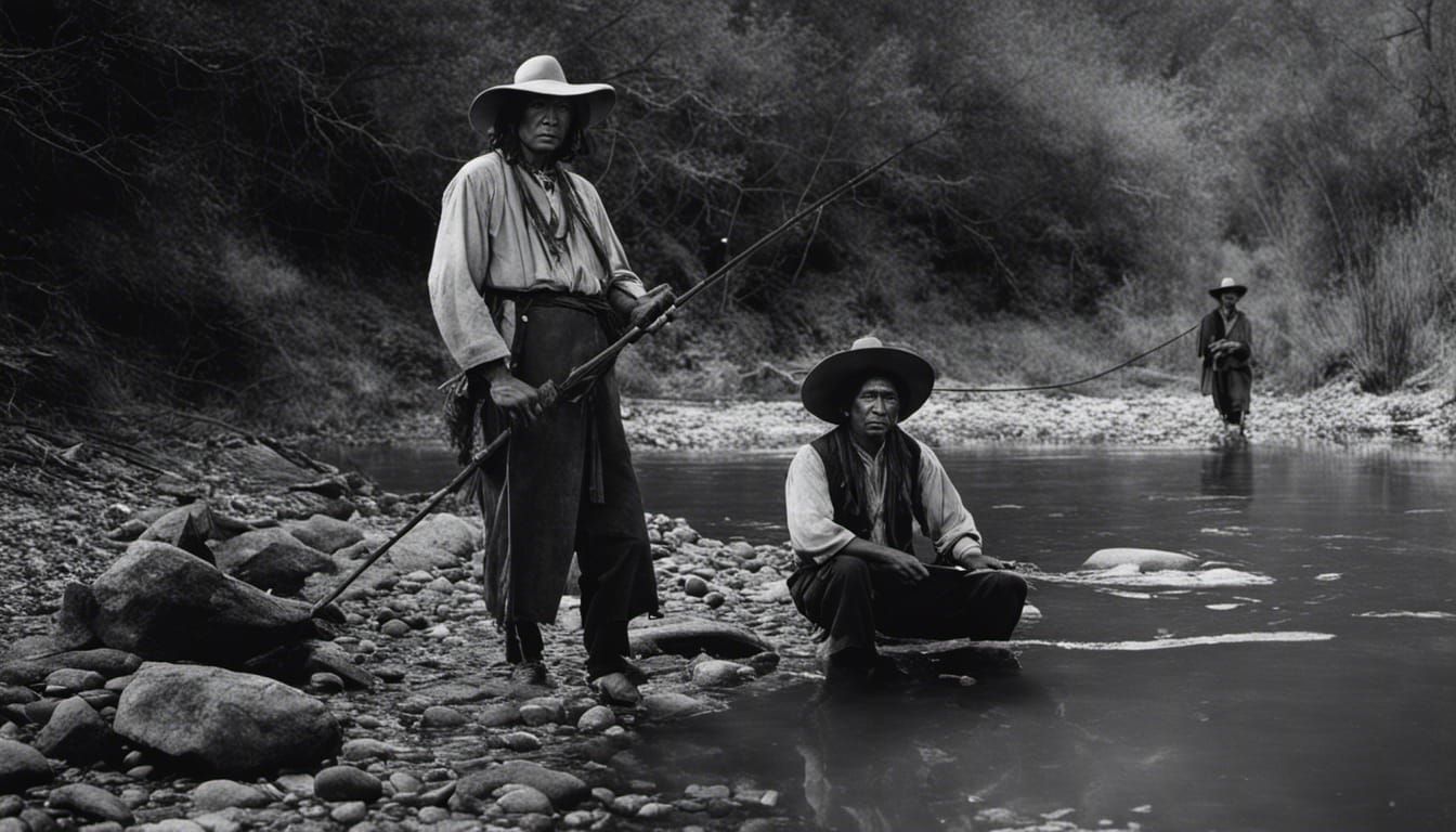 Native Americans Fishing in Stream, Vintage Black and White