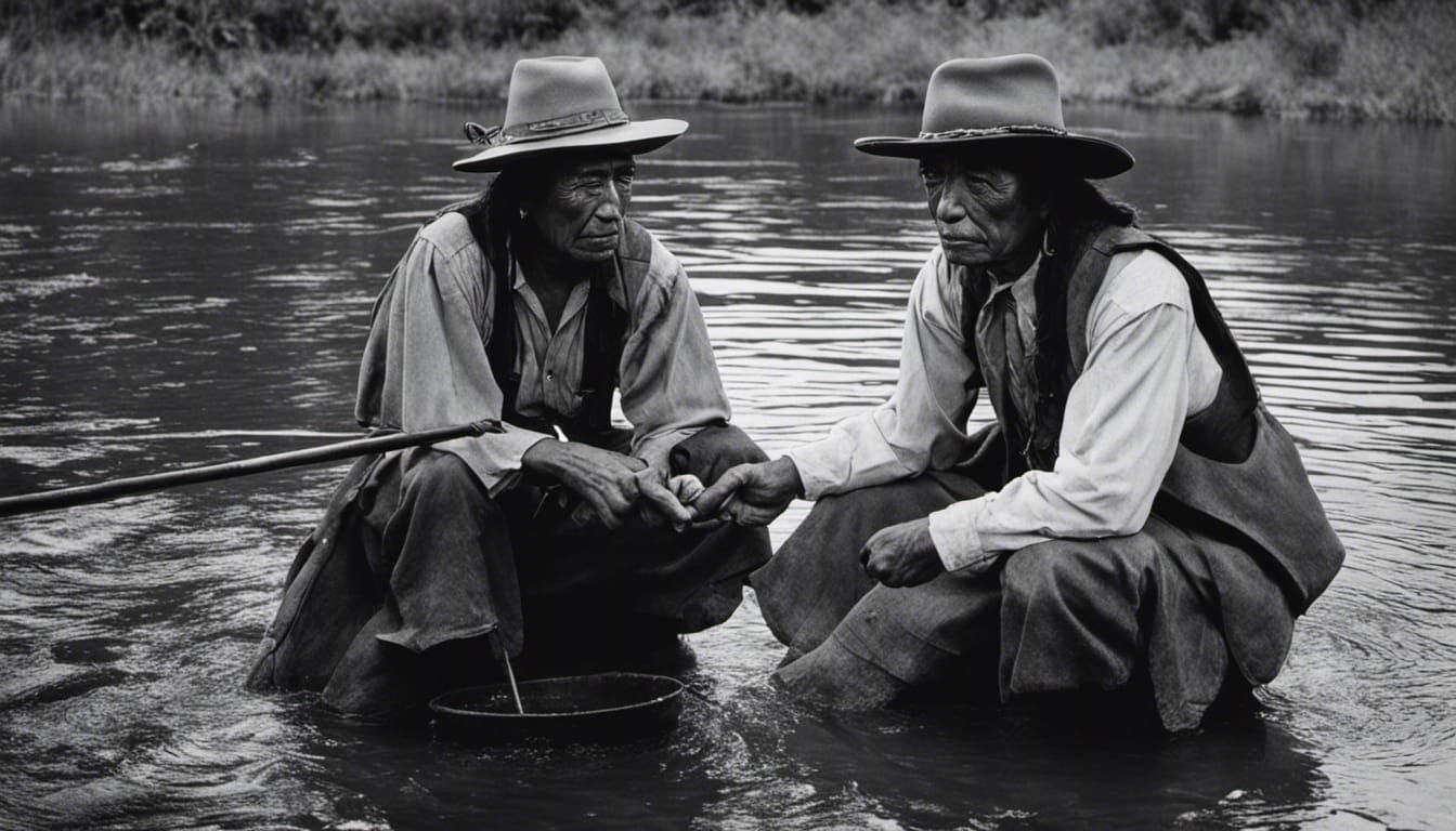 Native Americans Fishing in Stream, Black and White Photogra...