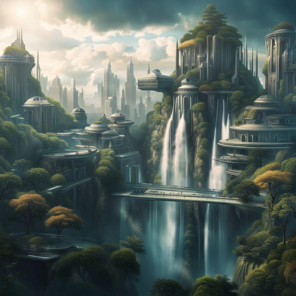 Futuristic City on Waterfall Plateau: Digital Matte Painting