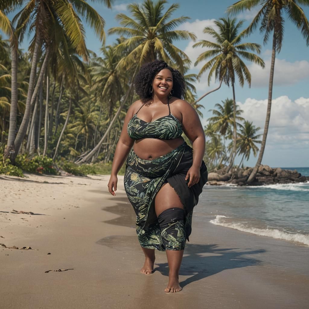 Curvy Woman on Beach in Detailed Digital Painting