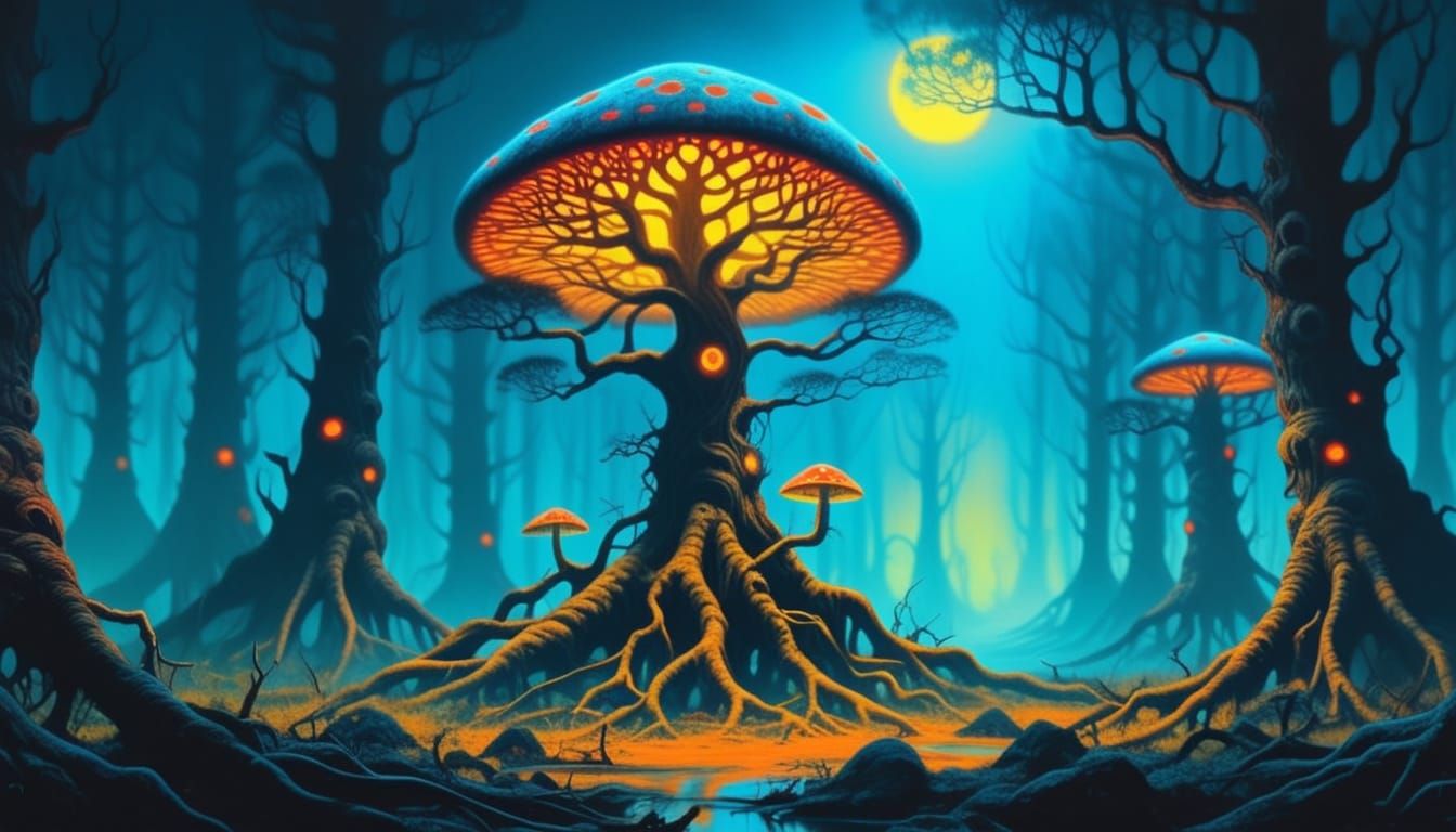 Shadowy Creature in Bioluminescent Forest, Surreal Digital A...