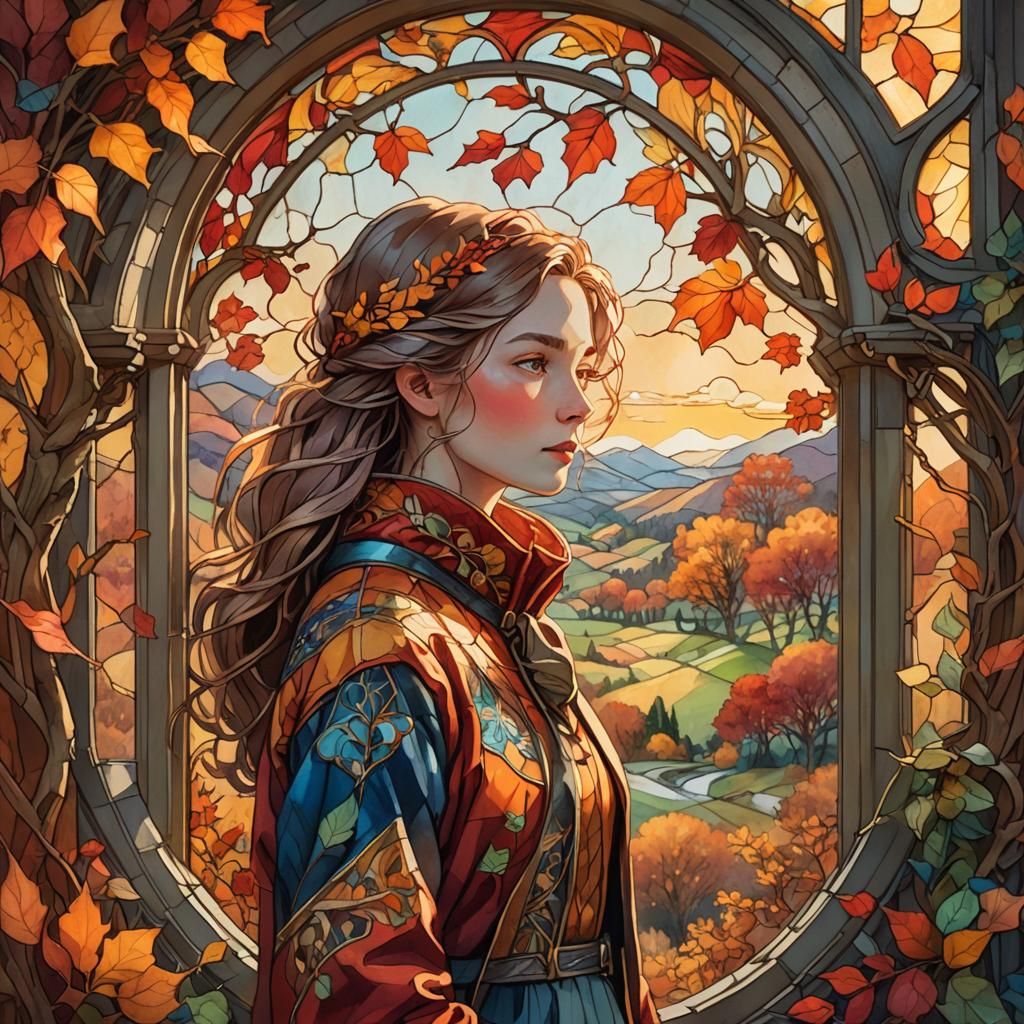 Girl Gazes at Autumn Landscape in Watercolor Style