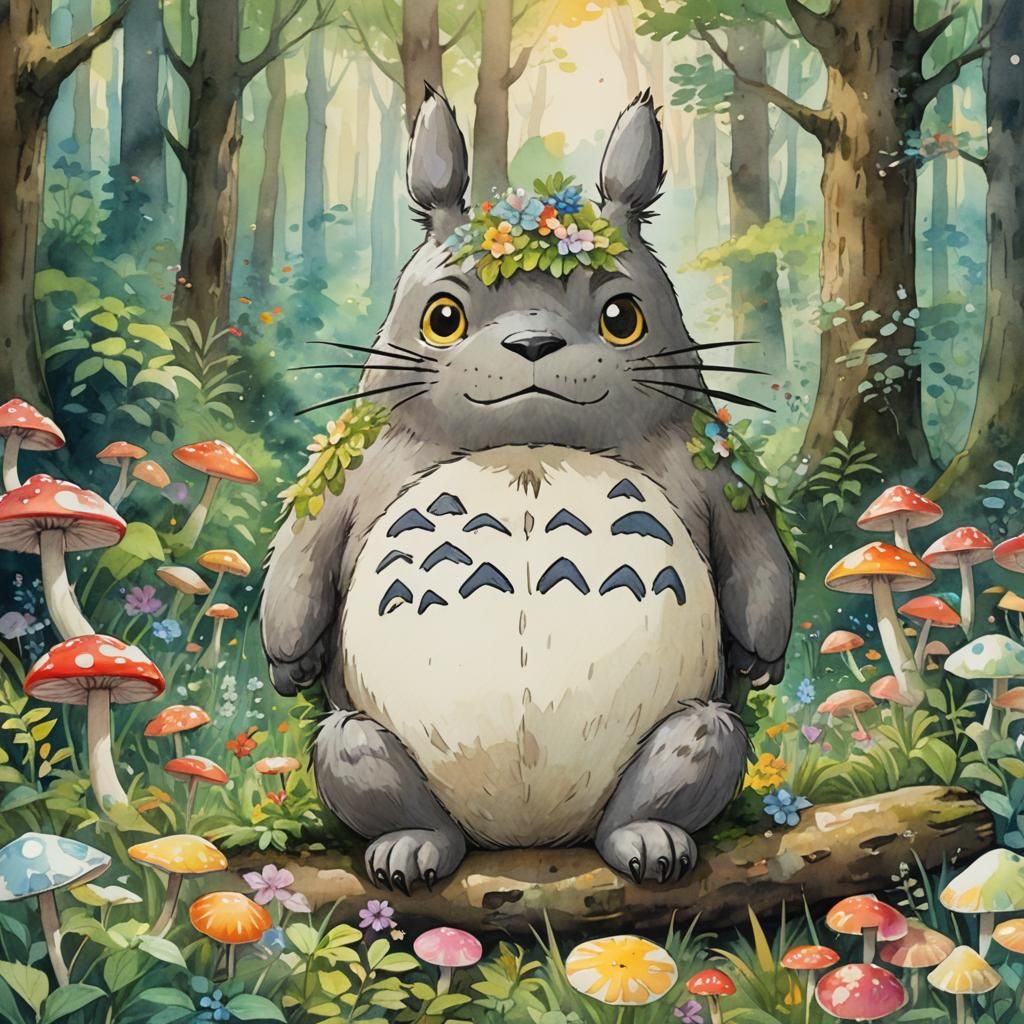 Totoro in Forest: Whimsical Watercolor Concept Art