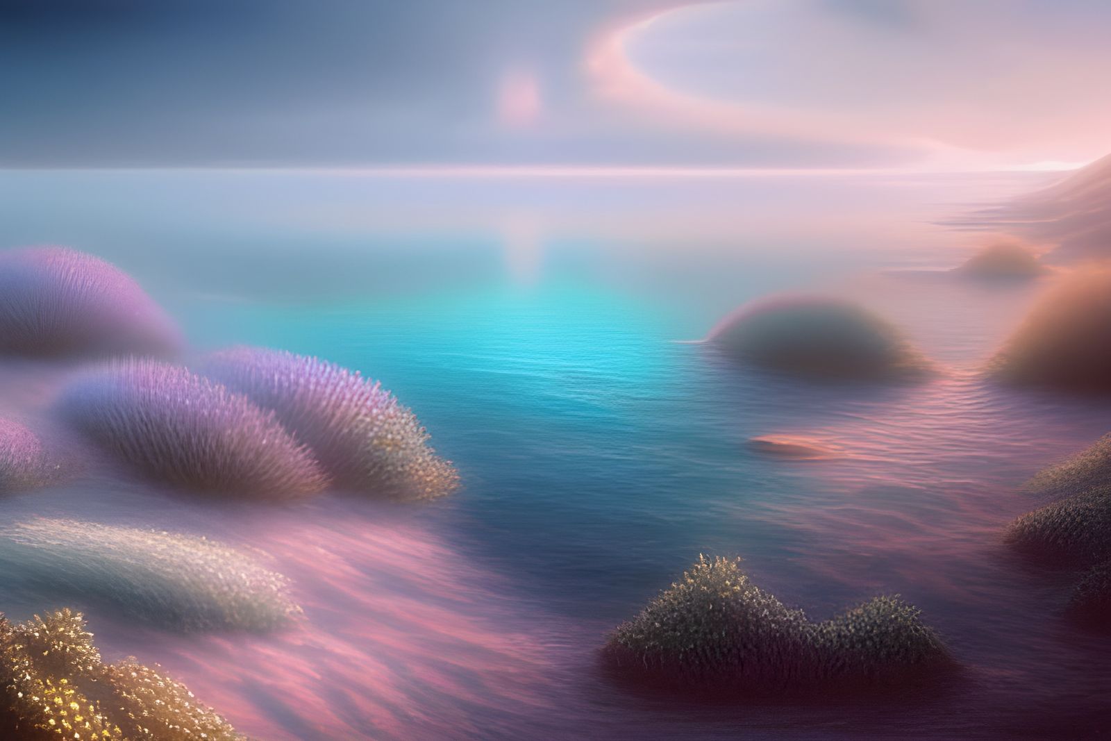 Ethereal Elvish City Undersea at Sunset