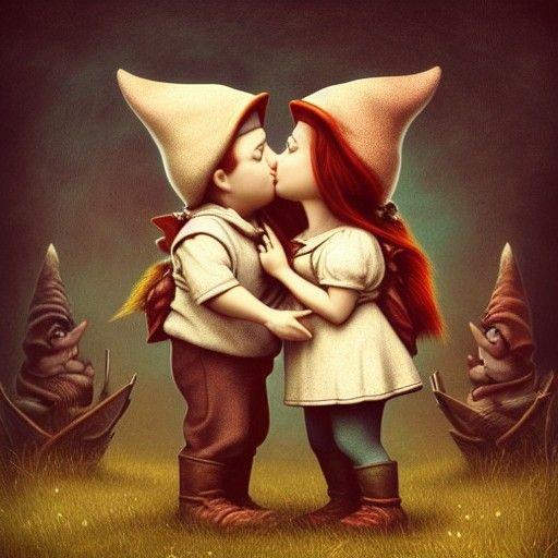 Gnome Couple Eskimo Kiss: Dark Fantasy Art
