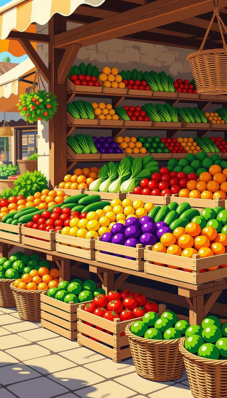 Vibrant Market Stand of Fresh Vegetables in Children's Book ...