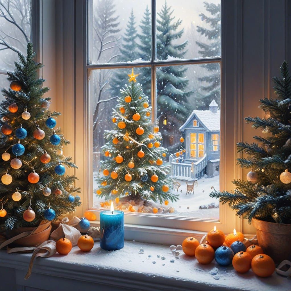 New Year's Eve Window Scene with Snow and Candle