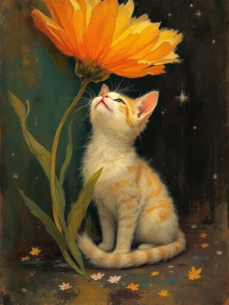 Anthropomorphic Cat Under Flower, Pastel Illustration