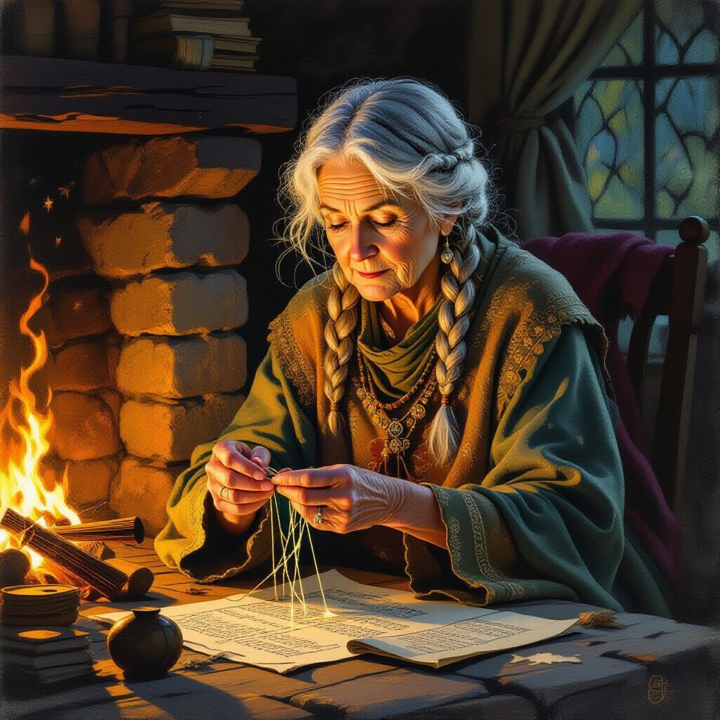 Elder Woman Weaving Light by Hearth in Storybook Style