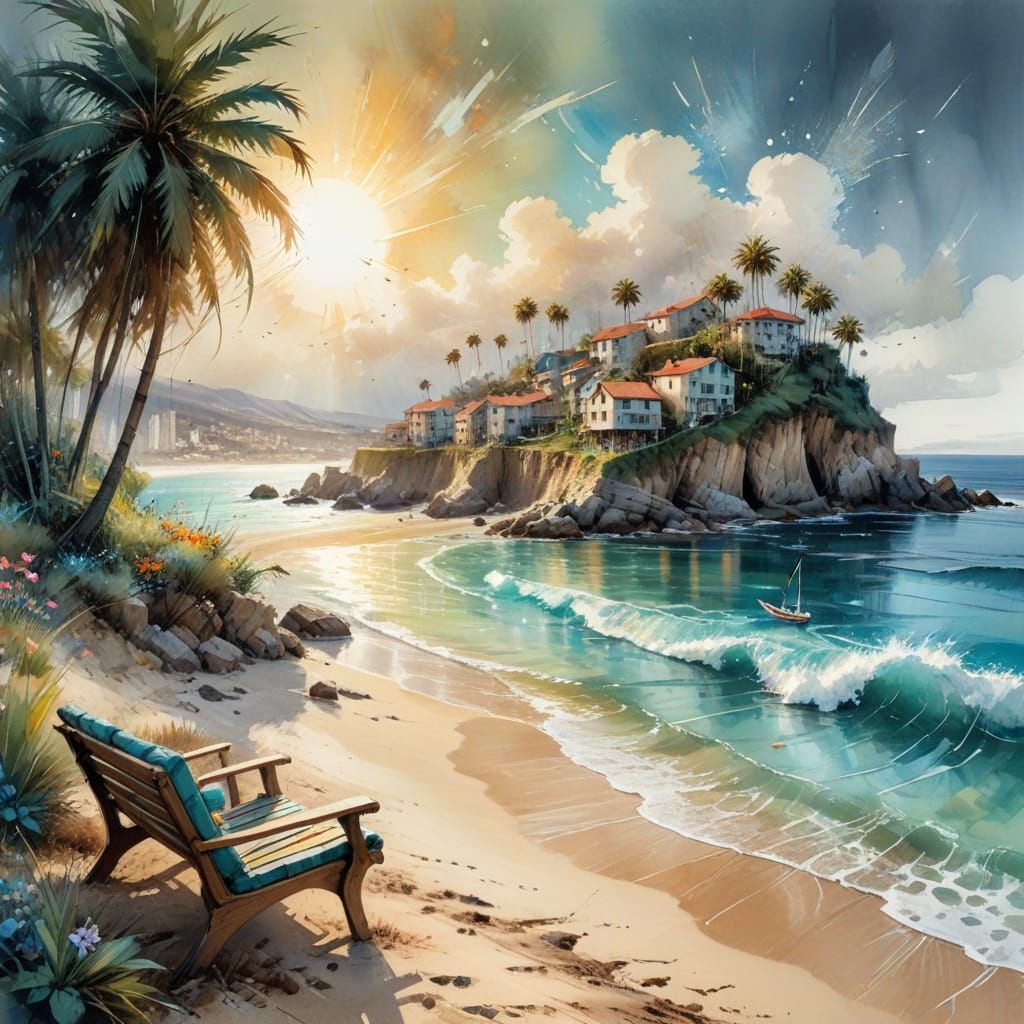 Beach Scene with Bench in Impressionist Watercolor Style